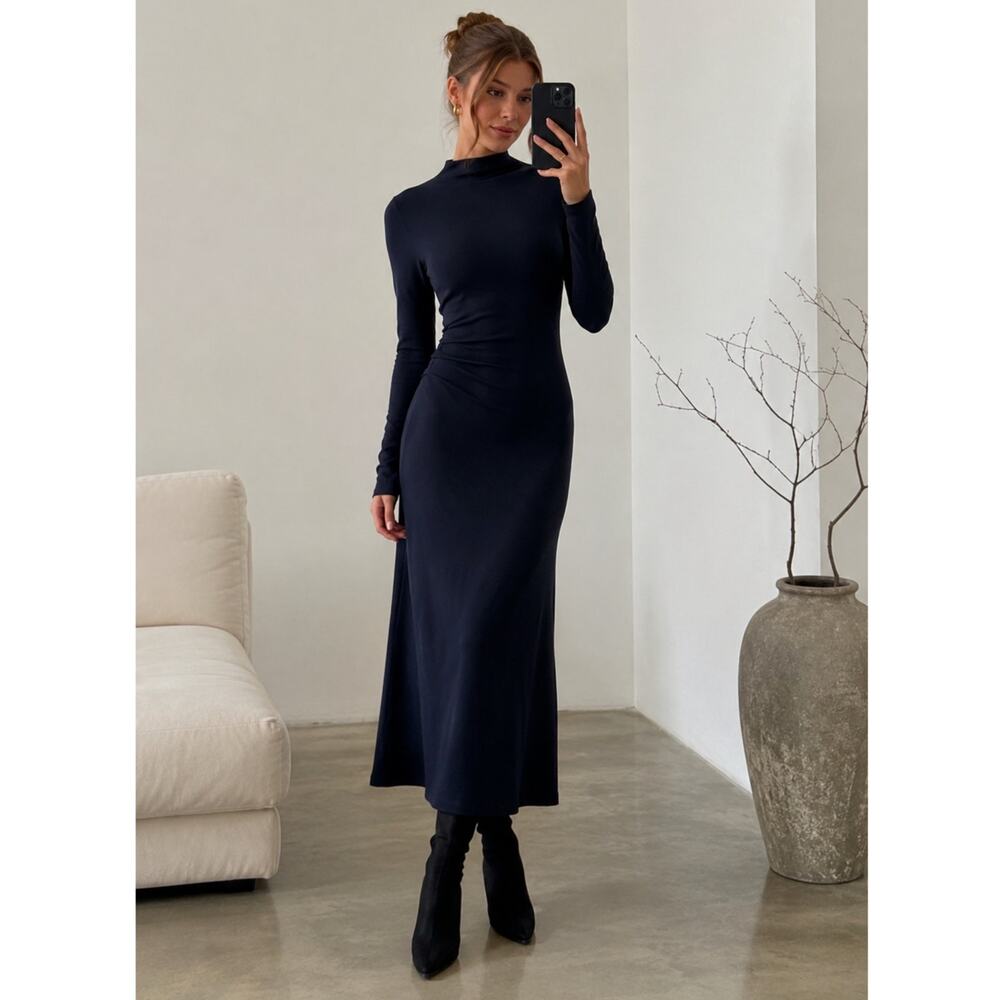 New OGL Eco-Mousse Long Sleeve Midi Dress Large Navy Blue Mock Neck Quiet Luxury
